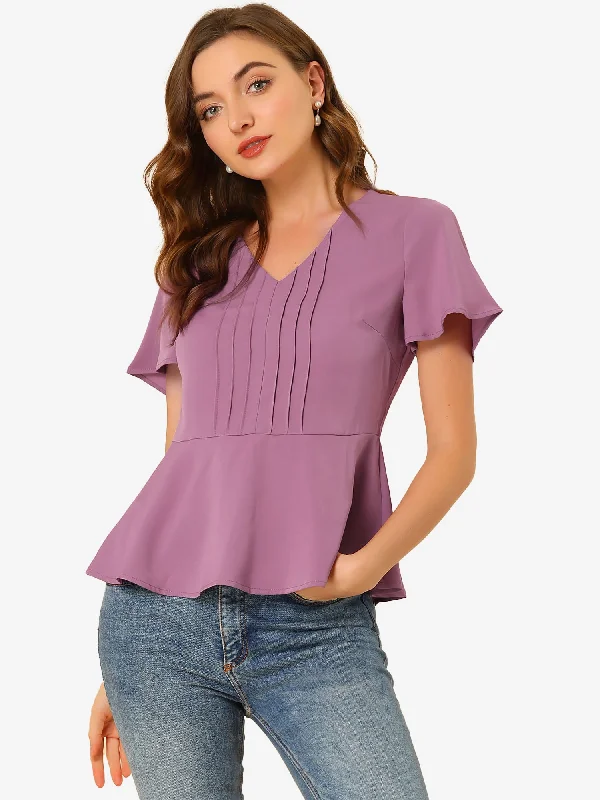 Casual Peplum Blouse V Neck Short Sleeve Ruffles Flare Top