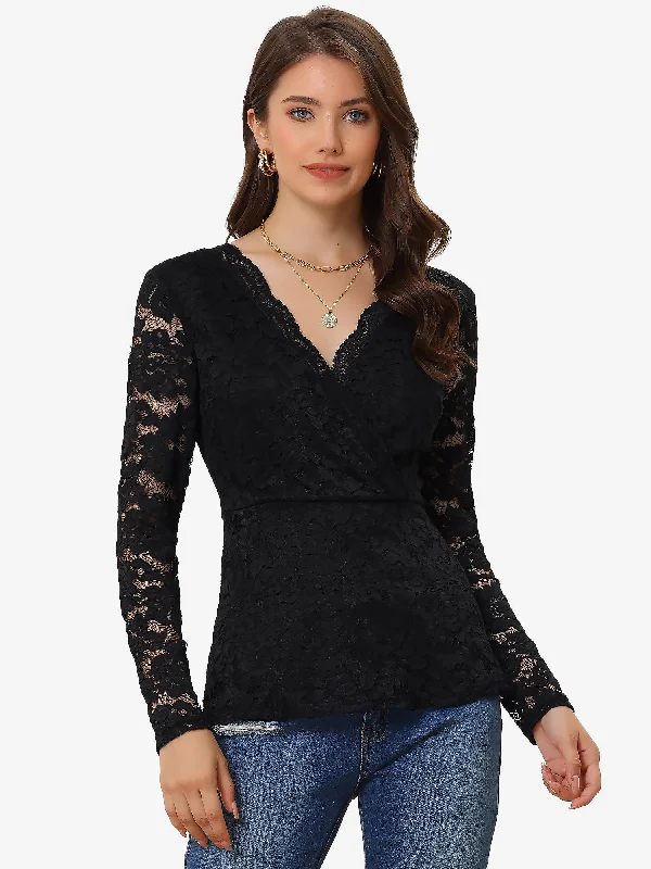 Lace Deep V Neck Long Sleeve Floral Wrap Peplum Top Blouse