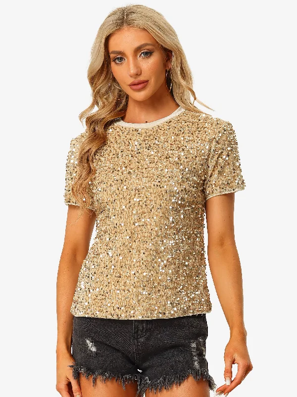 Glitter Sequin Velvet Crew Neck Short Sleeve Party Clubwear Blouse