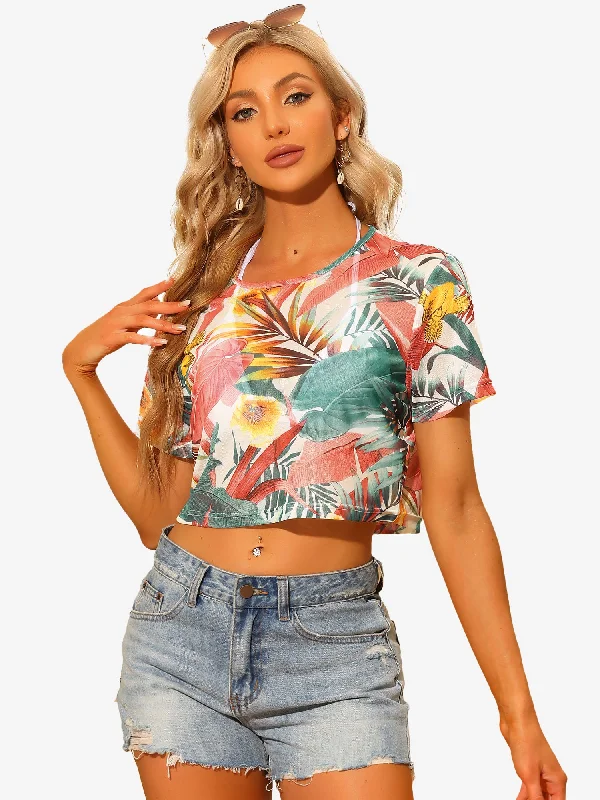 Hawaiian Sheer Short Sleeve Leaves Print Tropical Crop Top