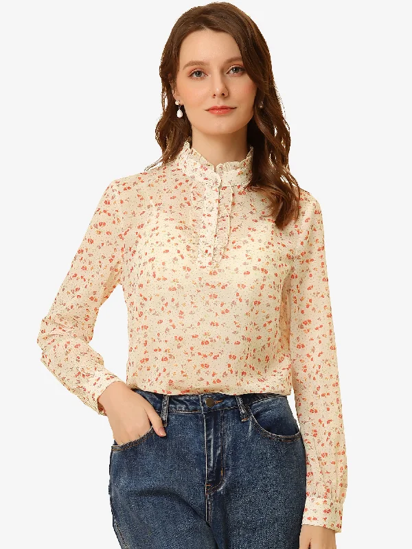 Ruffled Neck Long Sleeve Button Up Semi Sheer Chiffon Floral Shirt