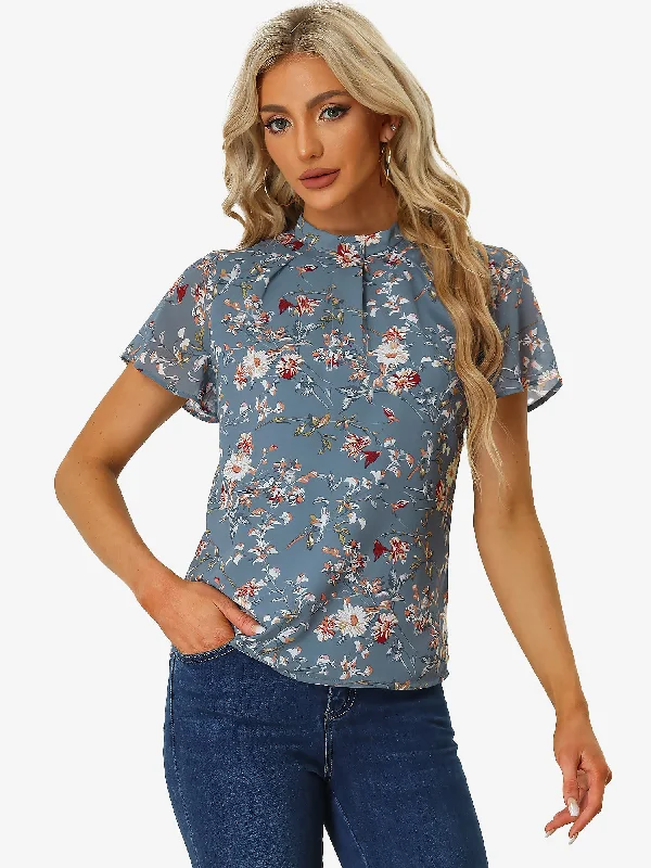 Short Sleeve Stand Collar Floral Summer Casual Chiffon Blouse