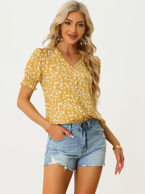 Floral Print Ruffle Short Sleeve Summer V Neck Shirts Blouse