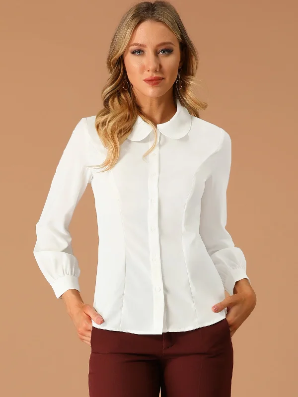 Button Up Peter Pan Collar Long Bishop Sleeve Blouse