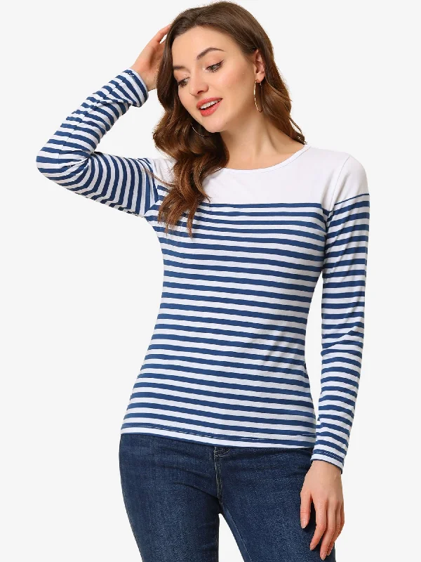 Color Block Long Sleeve Round Neck Striped T-Shirt