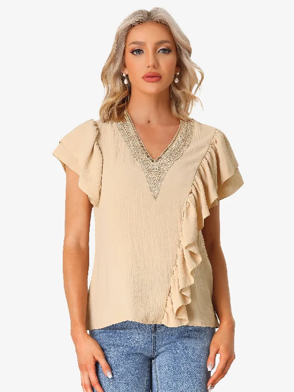 Ruffle Short Sleeve V Neck Boho Casual Blouse