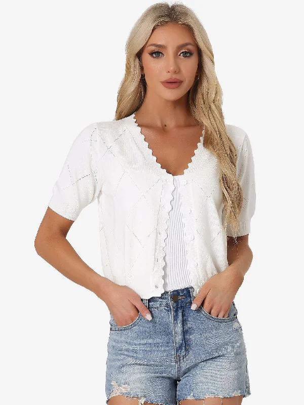 Knit Crop Top Short Sleeves Button Down V Neck Ruffle Sweater Blouse