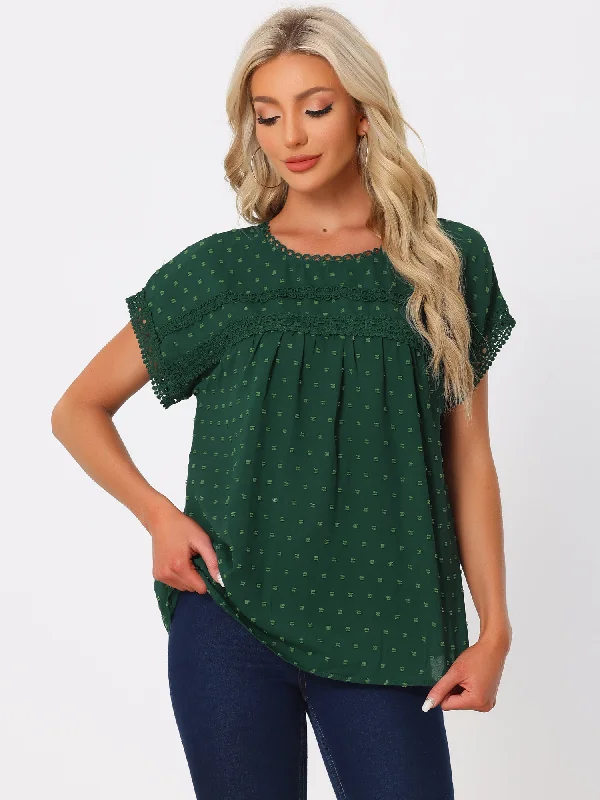 Women's Crew Neck Short Sleeve Lace Trim Swiss Dots Top