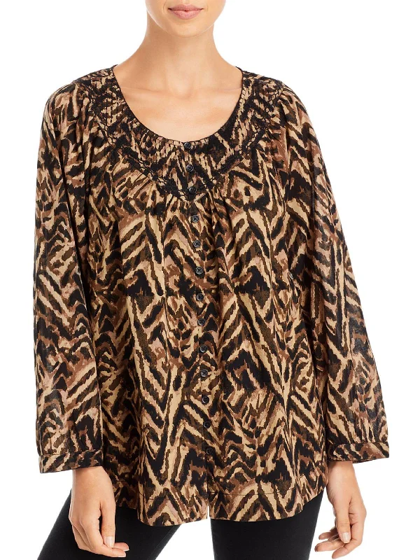 Penelope Womens Animal Print Embroidered Button-Down Top