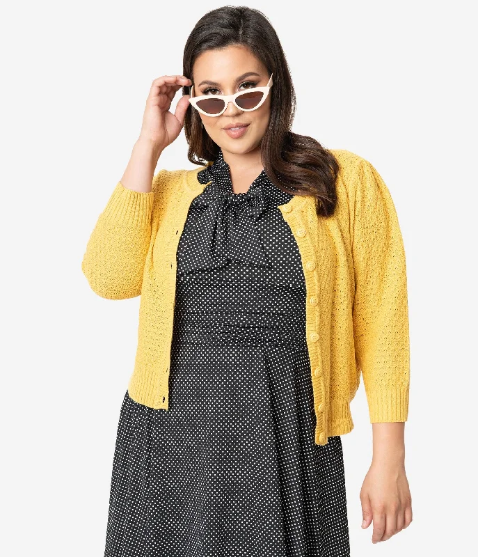 Plus Size Retro Style Honey Yellow Cotton Crochet Sleeved Button Cardigan