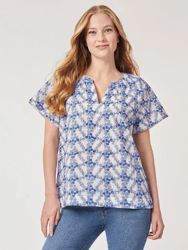 Popover Floral Embroidery Short Sleeve Blouse