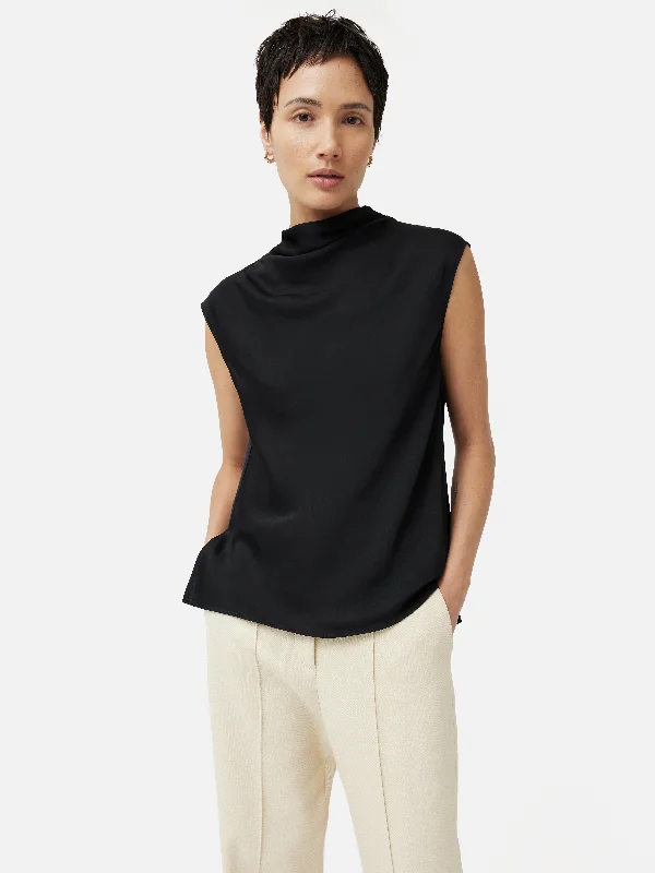 Satin Cowl Neck Top | Black