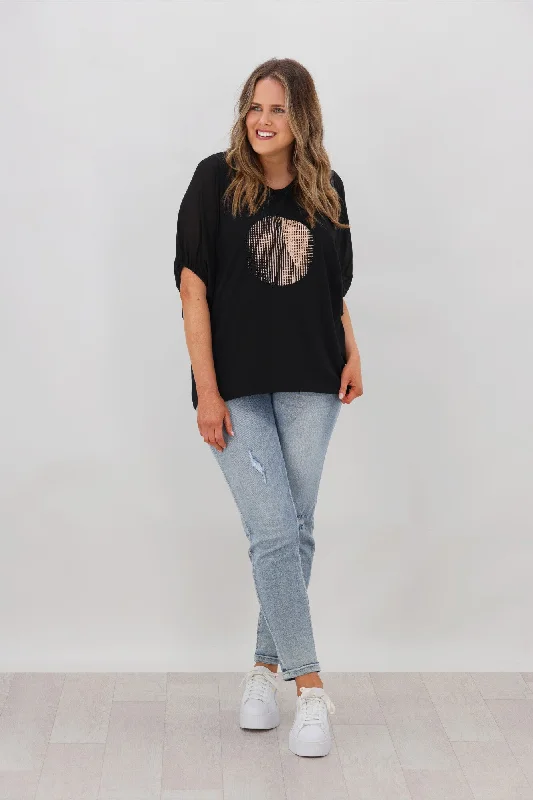 Shine On Label Tahlia Chiffon Sleeve Top Black w Circle Print