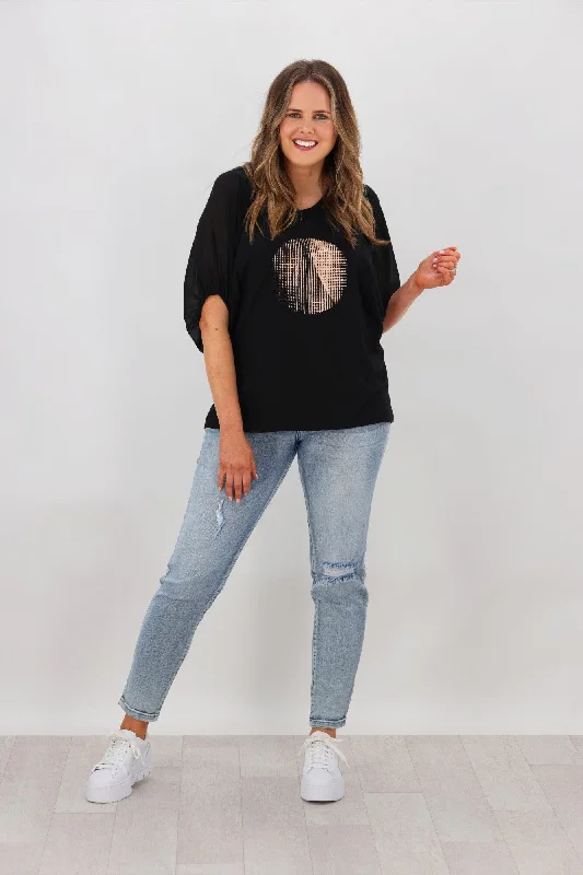 Shine On Label Tahlia Chiffon Sleeve Top Black w Circle Print