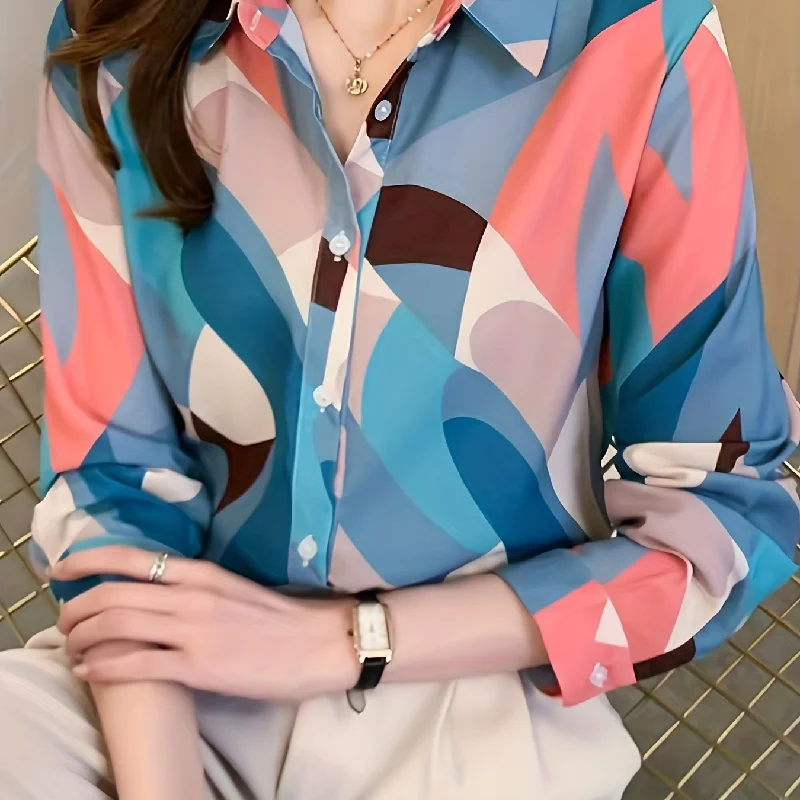 Sixsr Color Block Button Front Shirt, Casual Long Sleeve Shirt For Spring & Fall, Women's Clothing