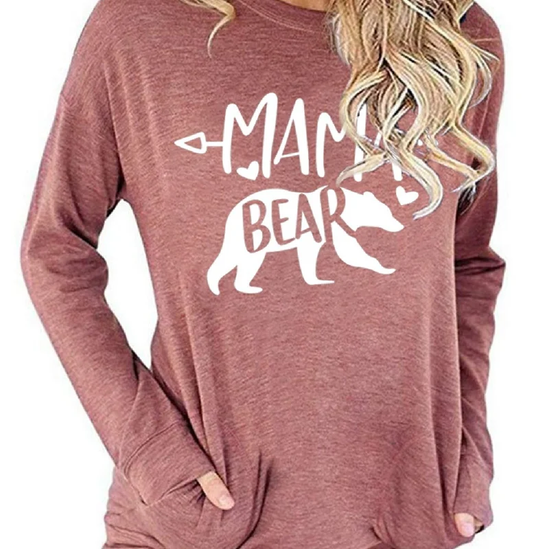 Sixsr Mamabear Bear Pattern Print T-shirt, Round Neck Long Sleeve Pullover T-Shirt, Women's Clothing