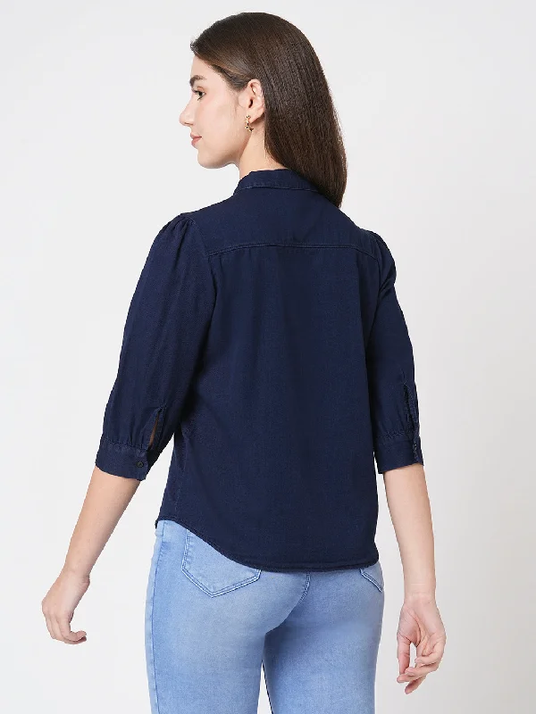 Women Slim Fit Ink Blue Casual Shirt