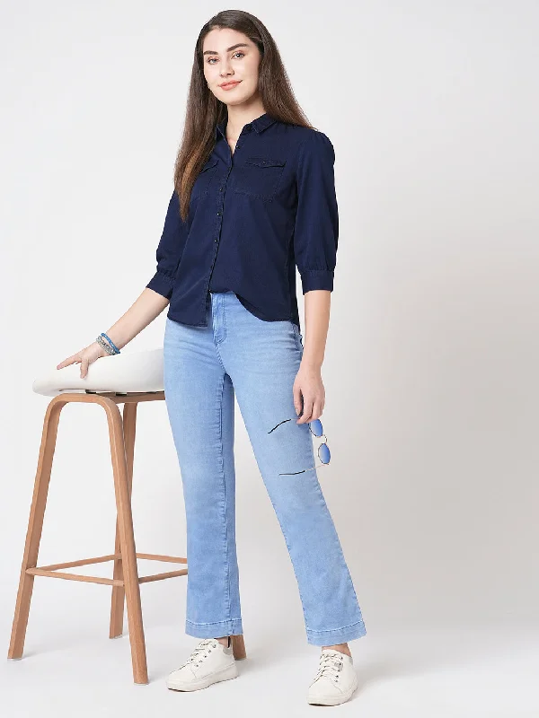 Women Slim Fit Ink Blue Casual Shirt