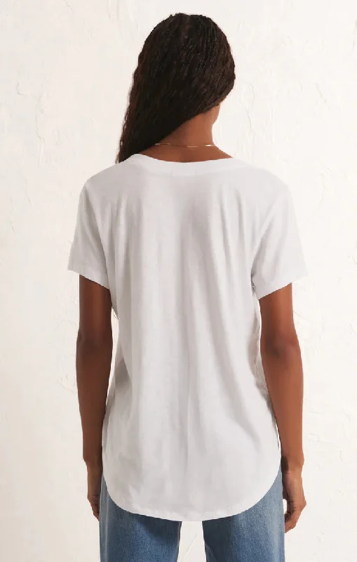 V-neckline
Short sleeve
Curved raw hem
Raw seams detail
Length from shoulder is 25 3/4""
Relaxed fit
40s Cotton Slub Jersey - 100% Cotton