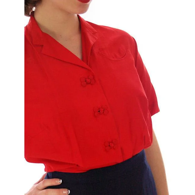 Vintage Red Raw Silk Blouse Short Sleeve  Smile Pocket Dynasty 1940s 37-29