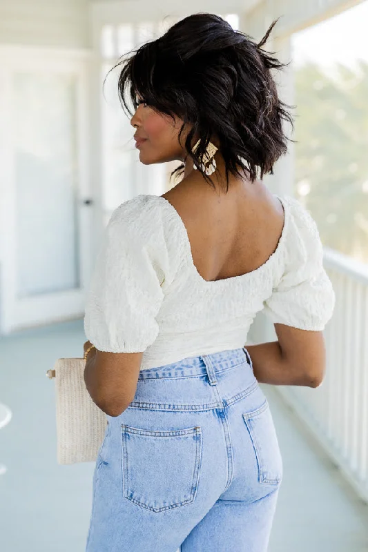 With The Sun Cream Textured Puff Sleeve Cropped Blouse FINAL SALE