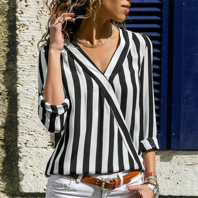 Women Striped Blouse Shirt Long Sleeve Blouse V-neck Shirts Casual Tops Blouse et Chemisier Femme Blusas Mujer de Moda