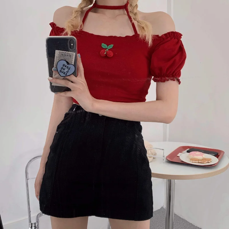 Women's Harajuku Cherry Embroidered Halter Tops