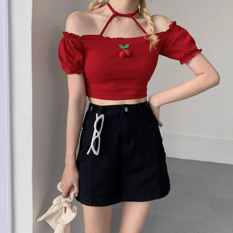 Women's Harajuku Cherry Embroidered Halter Tops