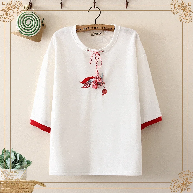 Women's Harajuku Fish Embroidered Contrast Color Tees