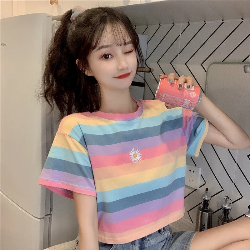 Women's Kawaii Colourful Striped Short T-shirt