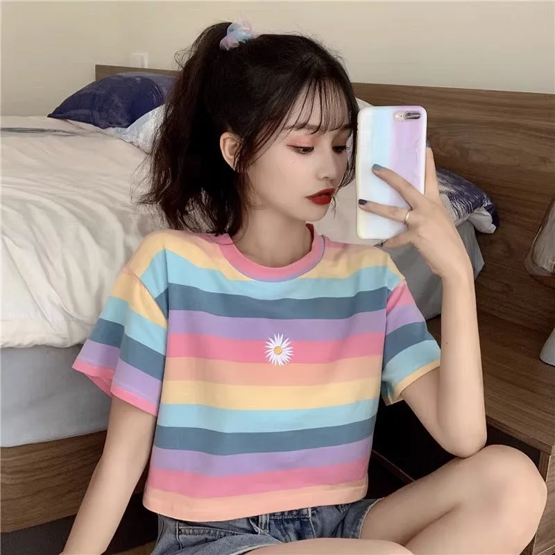 Women's Kawaii Colourful Striped Short T-shirt