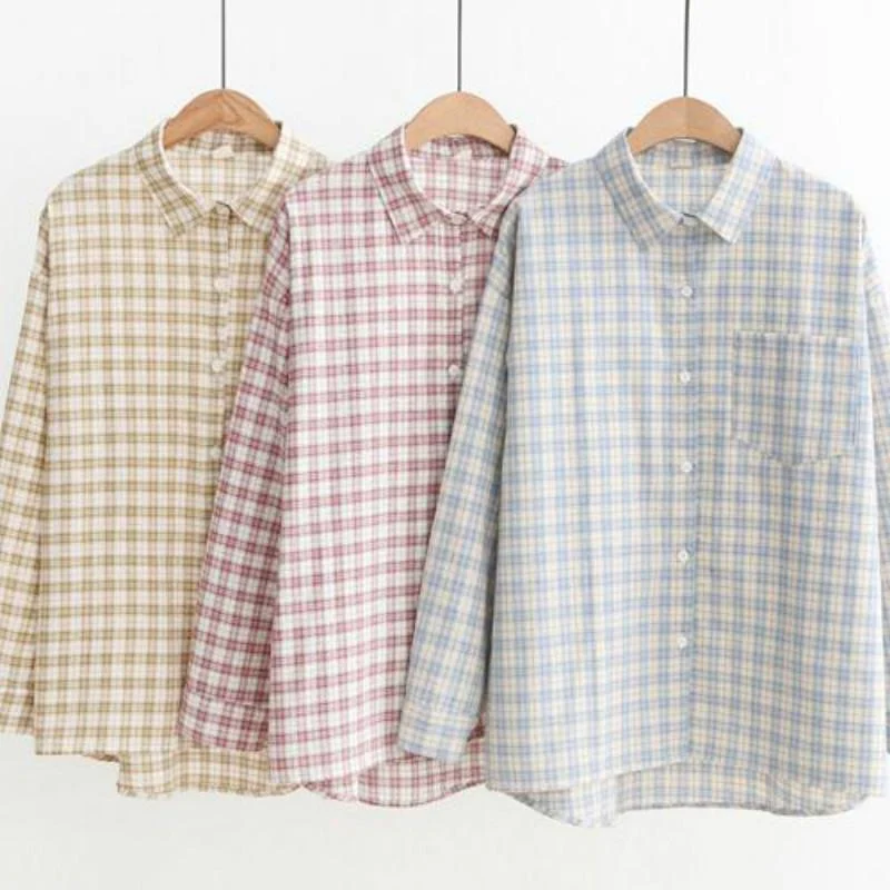 Women's Kawaii Contrast Color Plaid Shirts