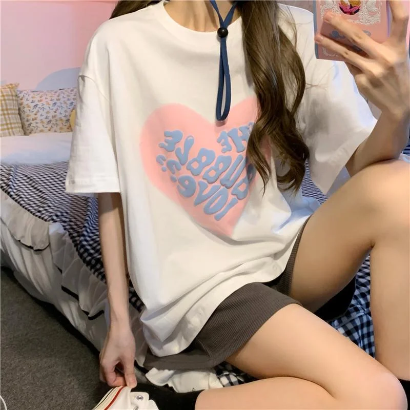 Women's Kawaii Heart Printed White T-shirt