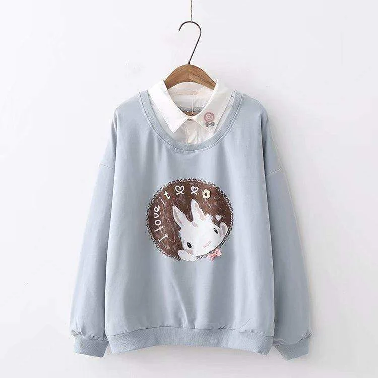 Women's Kawaii Rabbit Printed Sweaters Splicing Shirts 