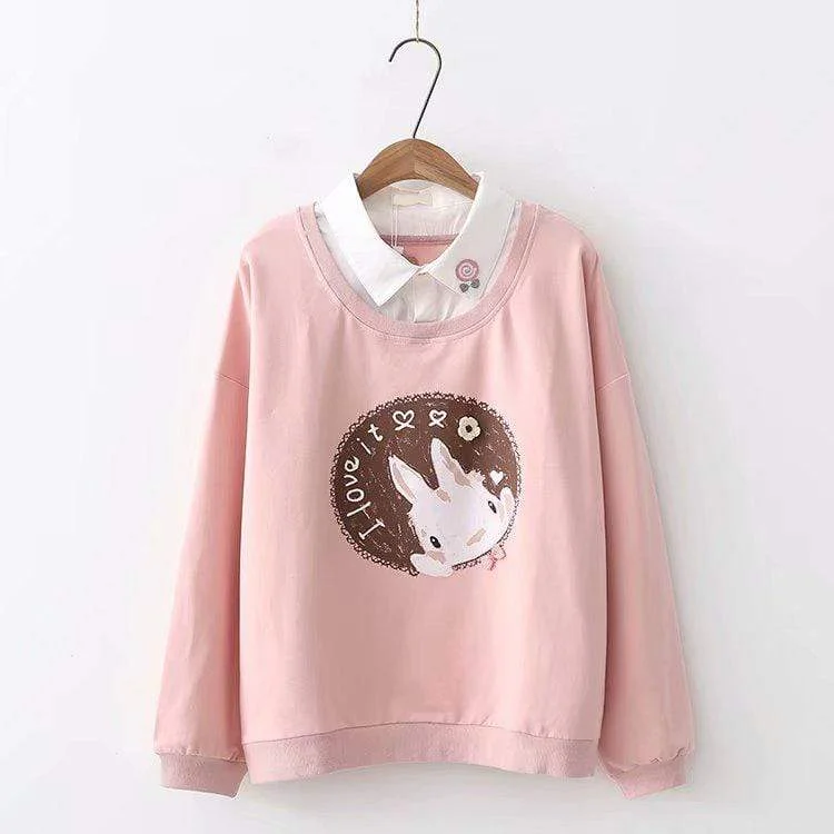 Women's Kawaii Rabbit Printed Sweaters Splicing Shirts 