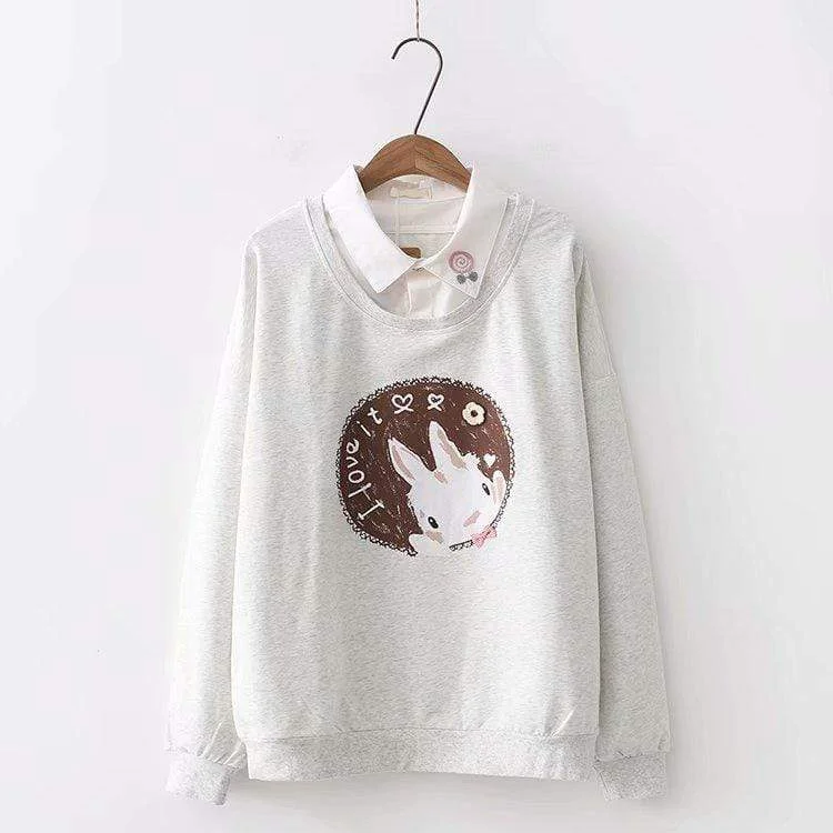 Women's Kawaii Rabbit Printed Sweaters Splicing Shirts 