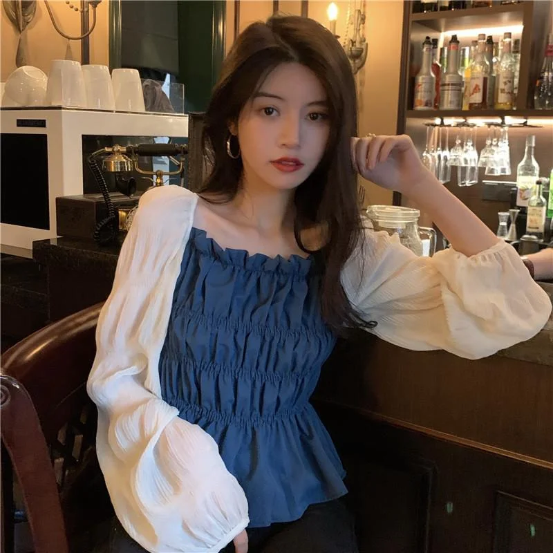 Women's Korean Fashion Contrast Color Sheer Sleeve Ruffles Tops