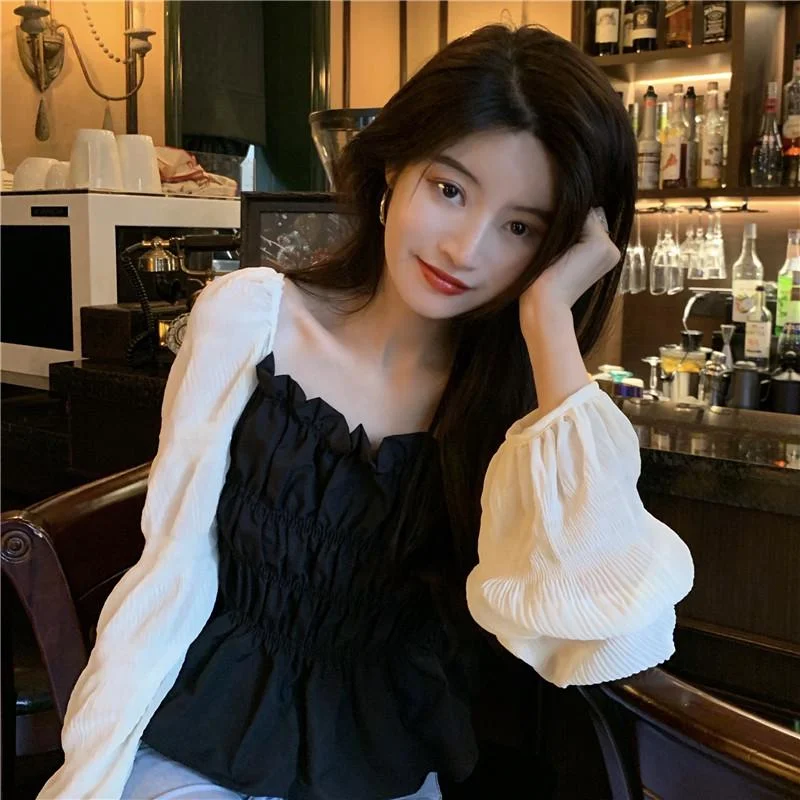 Women's Korean Fashion Contrast Color Sheer Sleeve Ruffles Tops