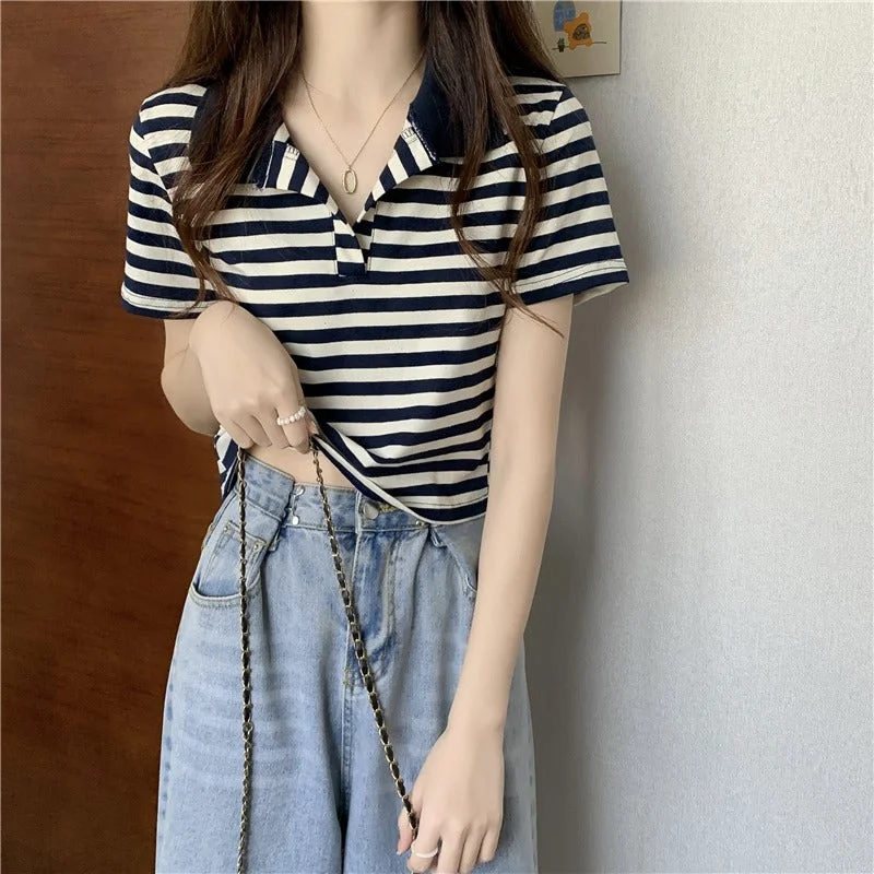 Women's Korean Fashion Pinstripes Short Polo Shirt