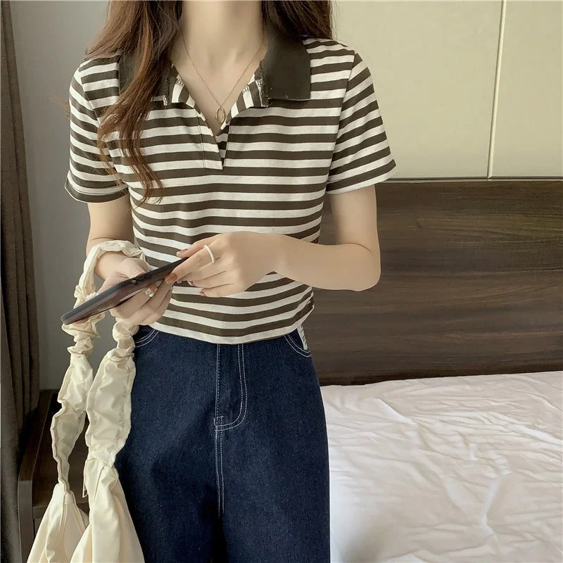 Women's Korean Fashion Pinstripes Short Polo Shirt