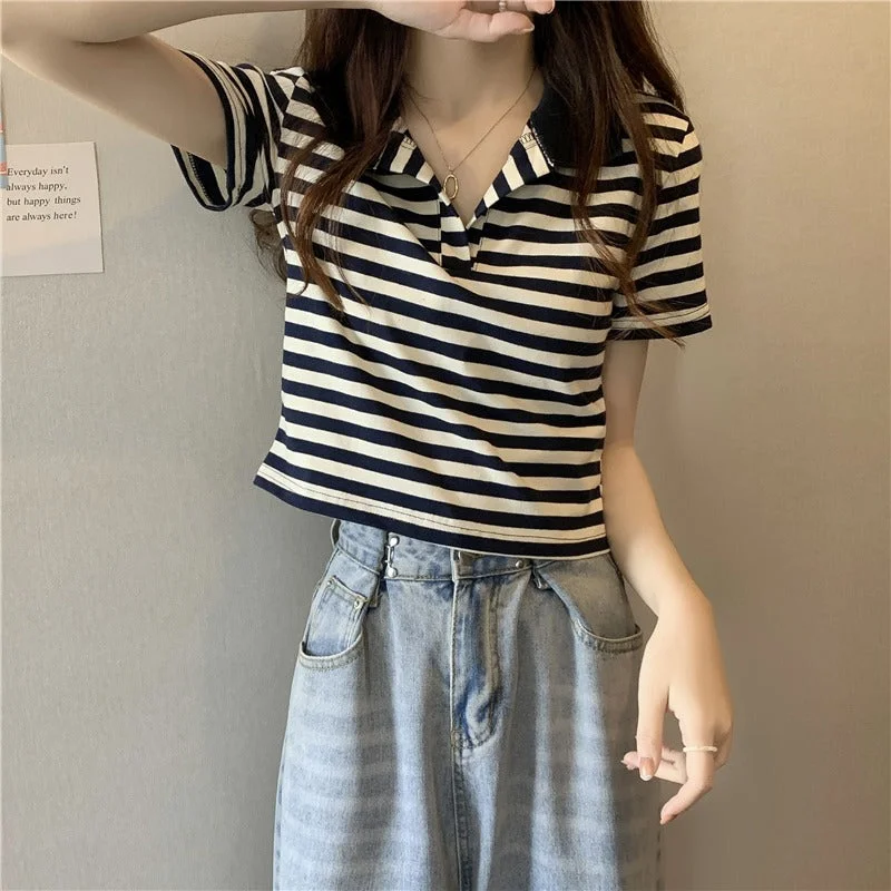 Women's Korean Fashion Pinstripes Short Polo Shirt