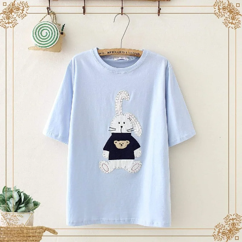 Women's Sweet Bunny Embroidered Pure Color Tees