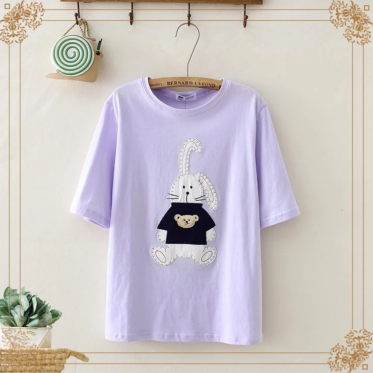 Women's Sweet Bunny Embroidered Pure Color Tees