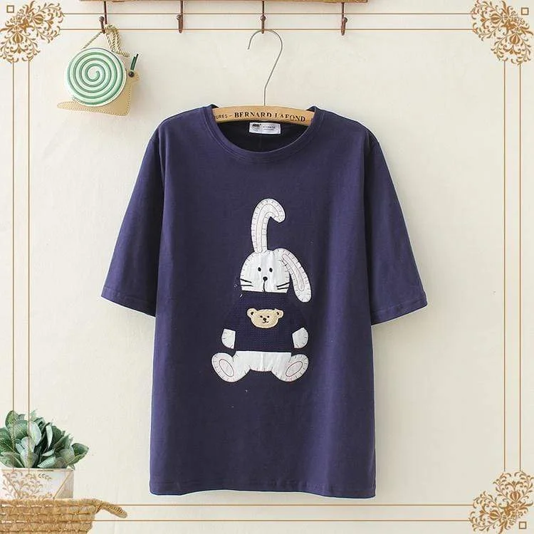 Women's Sweet Bunny Embroidered Pure Color Tees