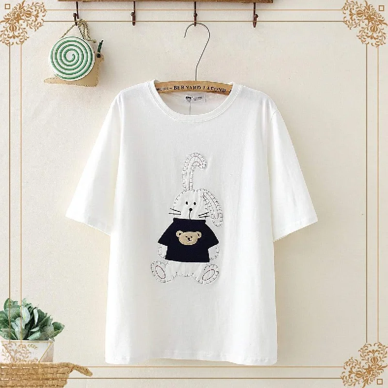 Women's Sweet Bunny Embroidered Pure Color Tees