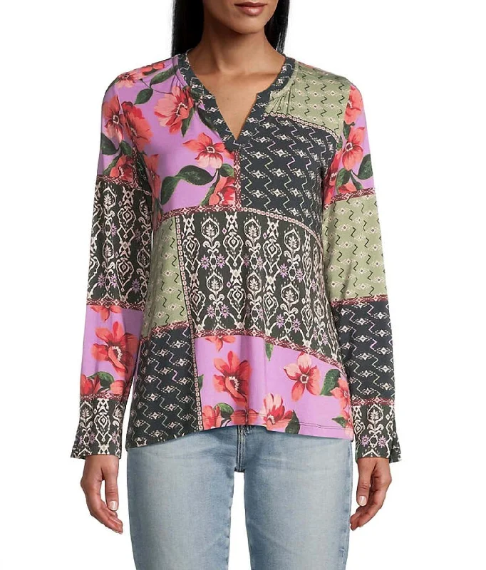 Zanda Split Neck Top In Multicolor